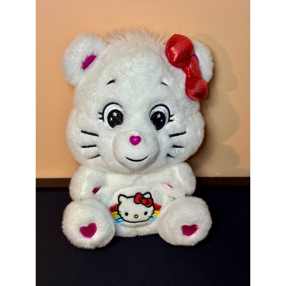 Care Bears x Hello Kitty White Plush Rainbow Belly Badge 9 Inch Stuffed Animal